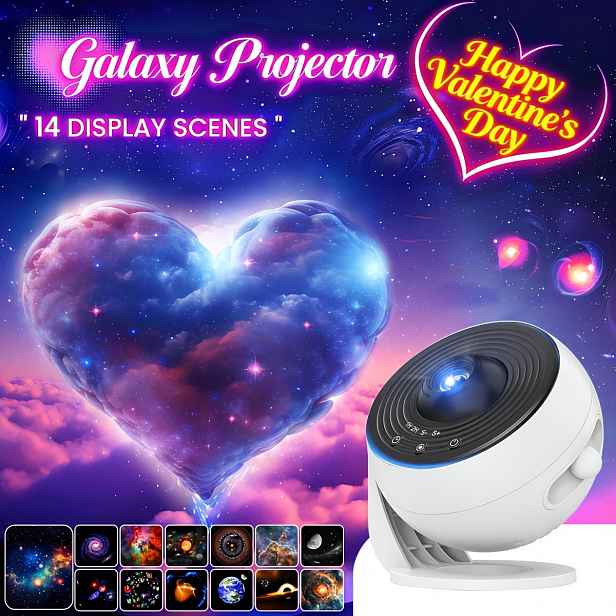 TEMU Romantický projektor Galaxie Srdcová mlhovina, 14 scén, barevné zvířátka napájené přes USB, ideální pro rande a dekoraci pokoje, romantické