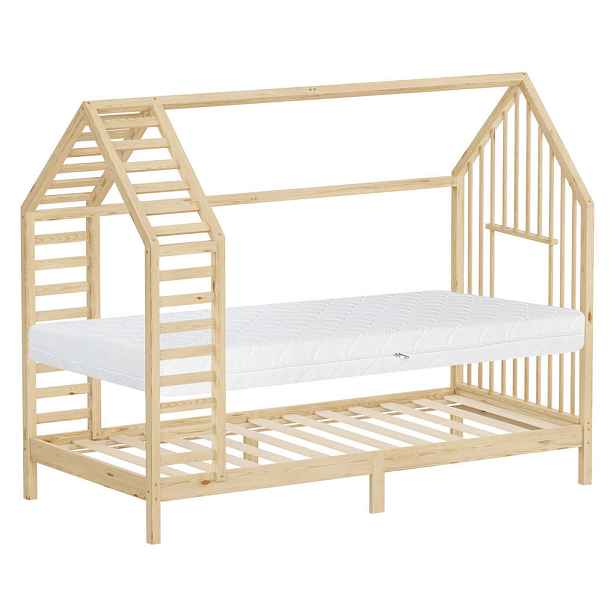 ML-DESIGN DĚTSKÁ POSTEL 90 x 200 cm s matrací, lamelovým roštem a střechou – postel ve tvaru domečku z masivního borovicového dřeva, přírodní