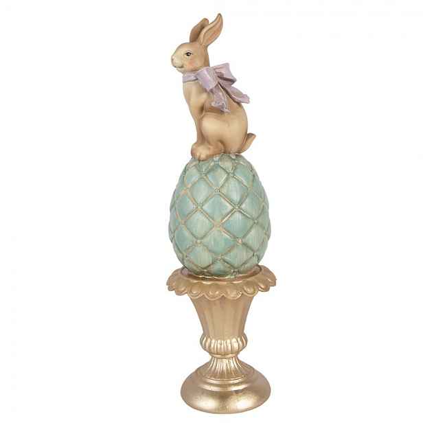 Hnědo-modrá antik dekorace králík na vajíčku na podstavci - Ø 8*29 cm Clayre & Eef