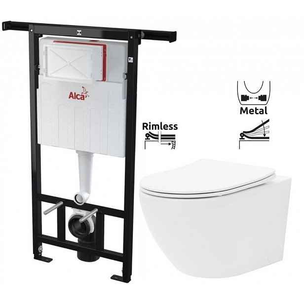 Předstěnový instalační systém bez tlačítka + WC REA Carlo Flat Mini Rimless + SEDÁTKO AM102/1120 X CF1