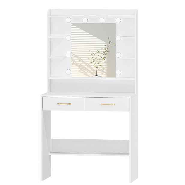 TEMU Toaletní stolek se zrcadlem, toaletní stolek s policemi a 2 zásuvkami, do ložnice, obývacího pokoje, nastavitelný jas, 40 X 80 X 149 cm, bílý