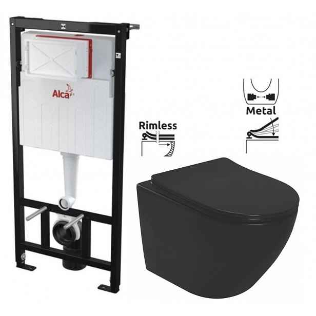 Předstěnový instalační systém bez tlačítka + WC REA CARLO MINI RIMLESS ČIERNY MAT + SEDADLO AM101/1120 X MM1