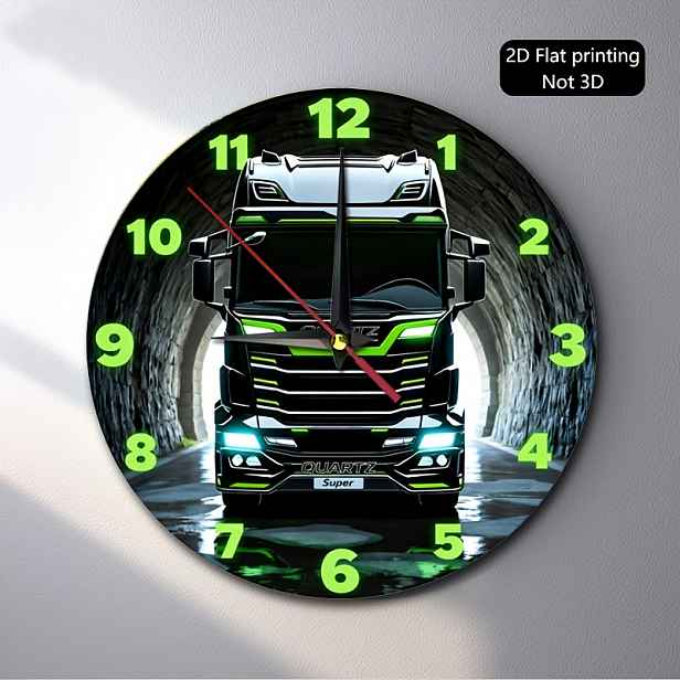TEMU 1 ks, 2D ploché nástěnné hodiny, černý truck se zelenými akcenty v tunelu, vhodné pro domácnost, kancelář, garáž, dílnu, dekoraci pánské jeskyně