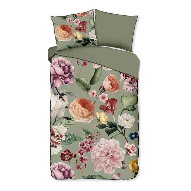 Zelené povlečení na jednolůžko/prodloužené z bavlněného saténu 140x220 cm Fiori – Descanso