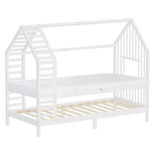 ML-DESIGN DĚTSKÁ POSTEL 90 x 200 cm s matrací, lamelovým roštem a střechou, postel ve tvaru domečku z masivního borovicového dřeva, bílá