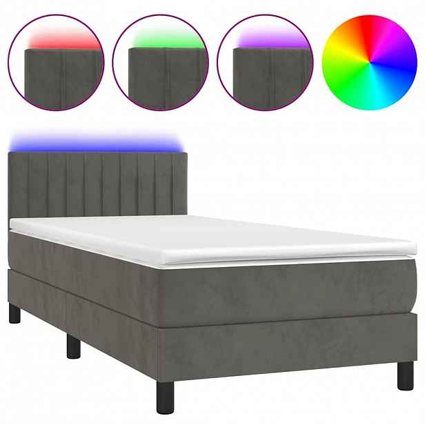 vidaXL Box spring postel s matrací a LED tmavě šedá 80 x 200 cm samet