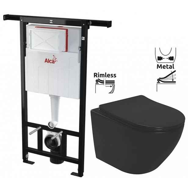 Předstěnový instalační systém bez tlačítka + WC REA CARLO MINI RIMLESS ČIERNY MAT + SEDADLO AM102/1120 X MM1