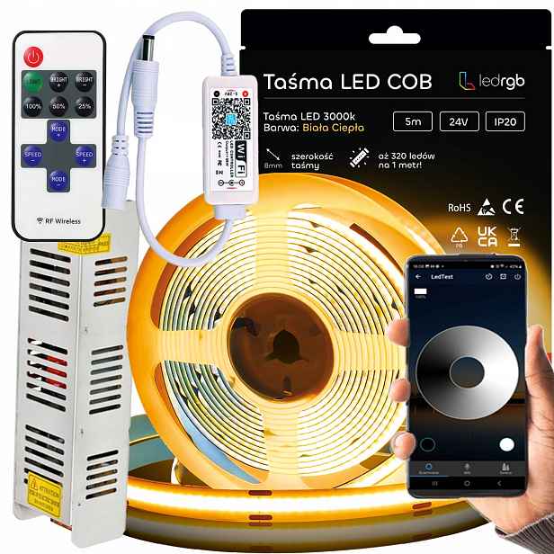 Sada Led pásků Cob 24V 5 m 3000K Bílá Teplá Napájecí Zdroj Dálkový Ovladač Wifi Apka