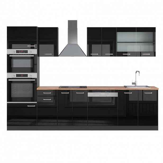 Vicco KUCHYŇSKÝ KOUT R-Line Černý vysoký lesk 300 cm s vysokou skříní, PD Dub
