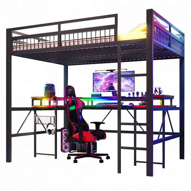 Modfu VYVÝŠENÁ postel z kovu 140x200 cm černá s LED osvětlením, psacím stolem, USB a USB-C portem a zásuvkami