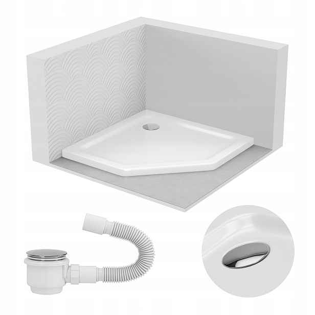 Pětiúhelníková Sprchová Vanička 80x80 Slim Nízká 5 CM Bílá Sifon