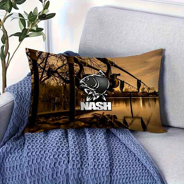 TEMU Obdélníkový potah na krátký plyšový polštář s potiskem rybařské scény Nash, rozměry 30,48 x 50,8 cm – jednostranný potisk, zapínání na zip,