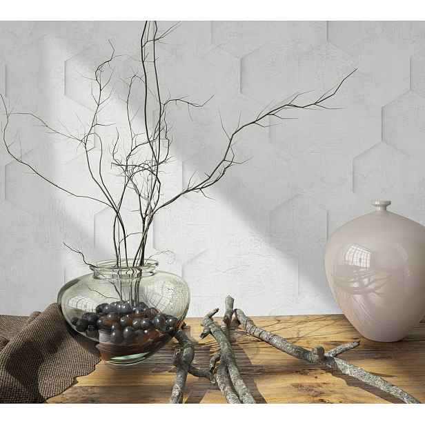Bílá hexagonová tapeta s 3D vzorem na vinylovém betonu