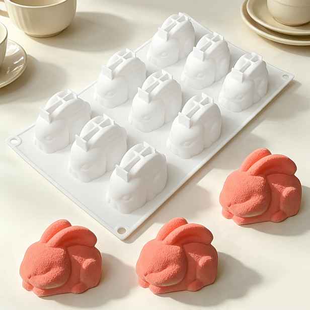 TEMU 1ks 9-Dílná Trojrozměrná Forma na Želé Mousse se Zajecem s Dlouhýma Ušima, Forma na Čokoládový Dort, Forma na Fondán ve Tvaru Králíka, Kuchyňské
