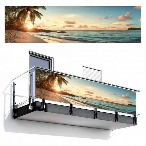 MuchoWow BALKONOVÁ ZÁSTĚNA Pláž - palmy - oceán - západ slunce 300x85 cm