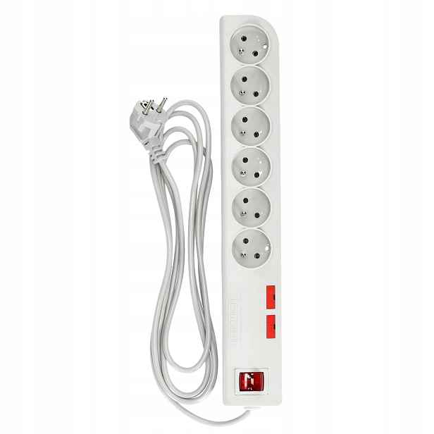 Prodlužovací Kabel 6 zásuvek Protipřepěťová Lišta Vypínač 3 m
