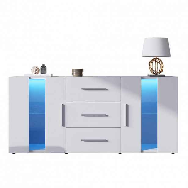 Redom TV skříňka 140/35/70 cm s LED osvětlením, USB napájením a úložným prostorem, Bílá