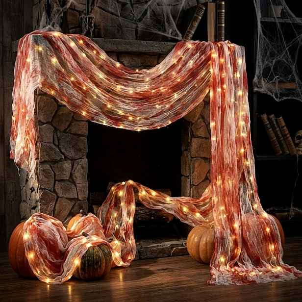 TEMU 1 sada osvětlená halloweenská dekorace z krvavé gázy, osvětlené sváteční dekorace, tématika "Trick or Treat" 2,15 m/84,65 palců–3 m/118,11 palců