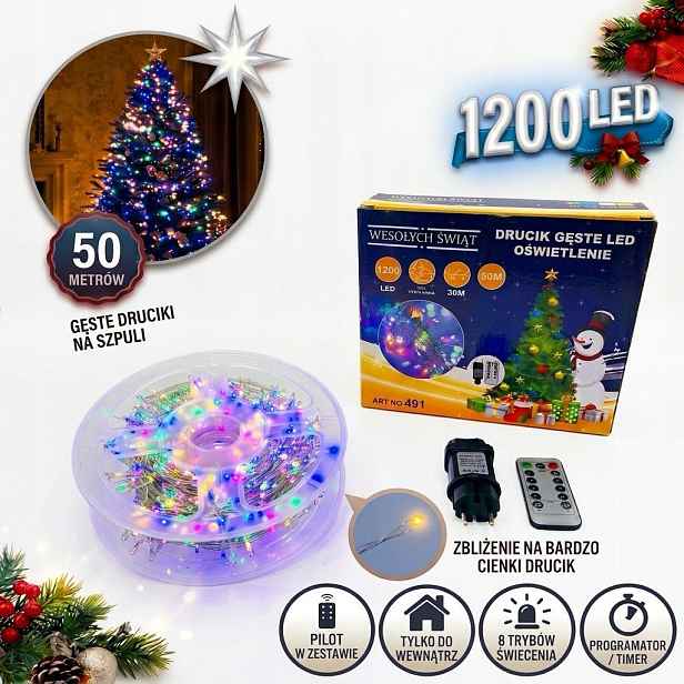 Vánoční Osvětlení Na Stromeček 1200 Led 50 m Drátek na cívce Multicolor Pilot Timer