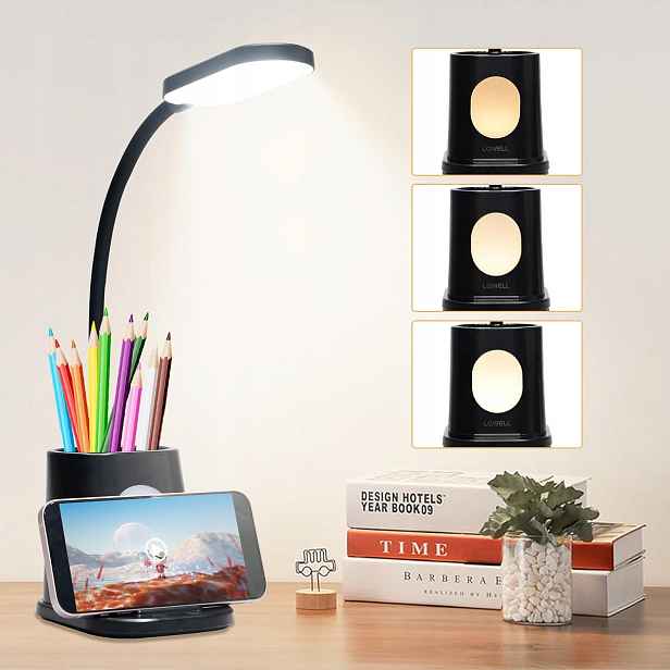 Led Stolní Lampa, 3 Úrovně Jasu, Usb Nabíjení, Držák Na Telefon