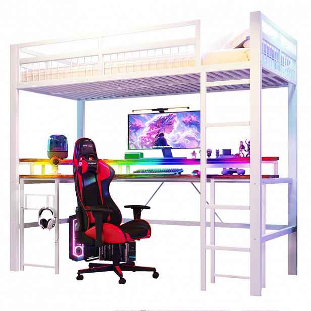 Modfu PATROVÁ postel z kovu 90x200 cm bílá s LED lištou, stolem, USB-C, zásuvkami a pegboardem