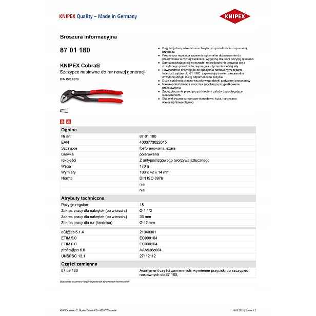 Nastavitelné kleště na trubky a klíč na matice Cobra Knipex