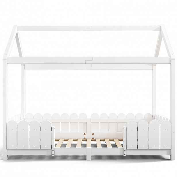 Redom DĚTSKÁ postel 90/200 cm s domkovým designem, zábranou a roštem, masivní dřevo, Bílá