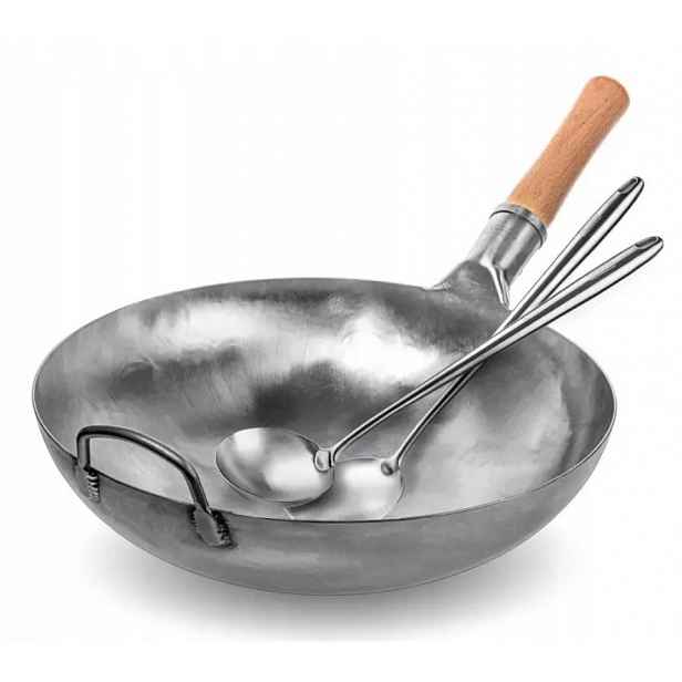Wok Yosukata 36 cm z uhlíkové oceli špachtle a naběračka na Bbq plyn