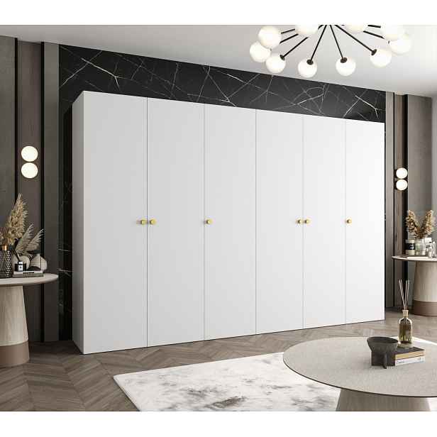 Elegantní šatní skříň CAITIR 1 300 cm - bílá / zlaté úchyty