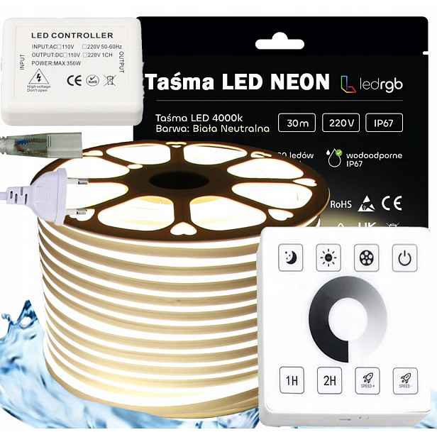 Set Led pásek Neon 230V 30m 4000K Bílý Neutrální Ovladač Dálkový Ovladač Rf