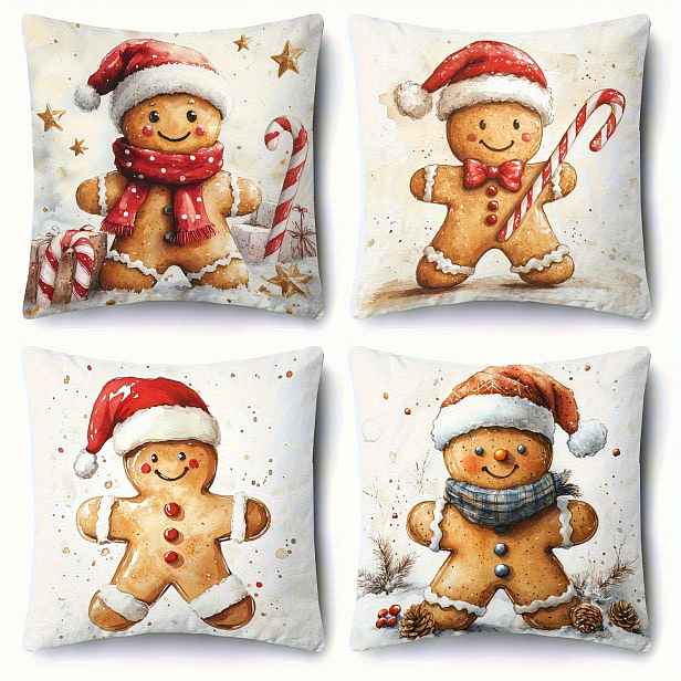 TEMU 4ks Festivní Gingerbread Pillow Covers - Roztomilé vánoční dekorace s zipem, strojově pratelné, perfektní pro obývací pokoj, kancelář, verandu a