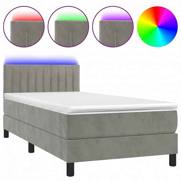 vidaXL Box spring postel s matrací a LED světle šedá 90x200 cm samet