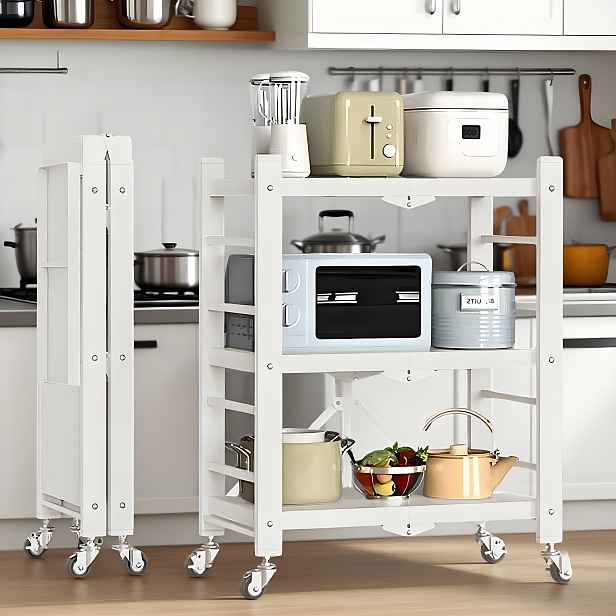 TEMU Robustní skládací kuchyňský vozík - 3patrový kovový organizér s pevnými kolečky, úsporné držáky na mikrovlnku/pečení/toaster, bez nutnosti