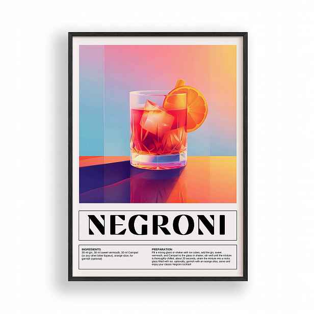 Obraz Koktejl Negroni Plakát Rámeček Dřevěný Černý 30x42 cm