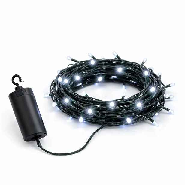 LED světýlka na baterie, venkovní, 5,2 m, ledově bílá, tmavě zelený kabel, IP44, 4 × AA