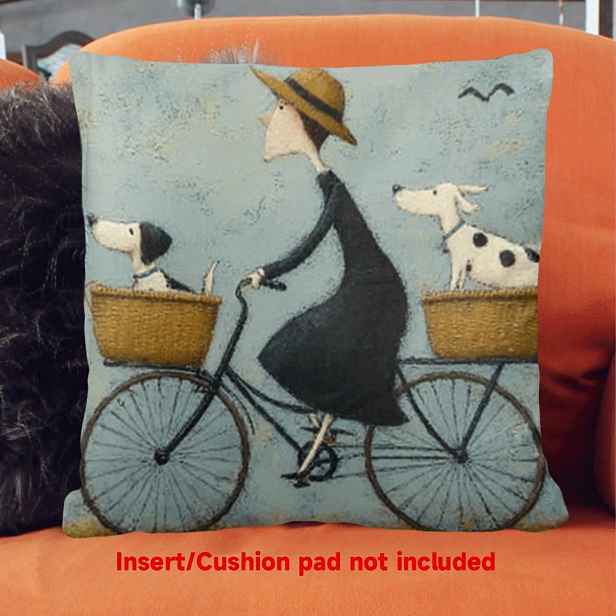 TEMU 1ks Povlak na polštář, Módní žena na kole doprovázená dvěma psy, Pratelné v pračce, Zapínání na zip, Moderní design, 45cm*45cm, Měkká a hladká
