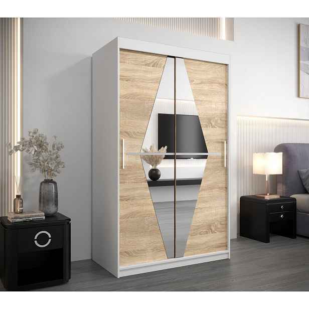 Šatní skříň se zrcadlem KAMILA - šířka 120 cm, bílá / dub sonoma