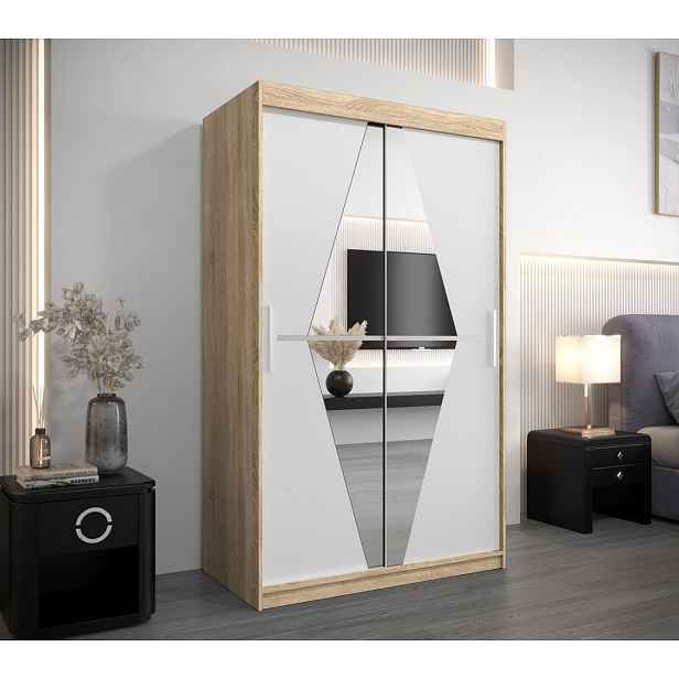 Šatní skříň se zrcadlem KAMILA - šířka 120 cm, dub sonoma / bílá