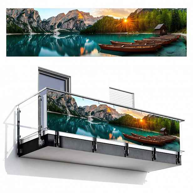 MuchoWow BALKONOVÁ ZÁSTĚNA Jezero - Hory - Západ slunce - Loď 300x75 cm