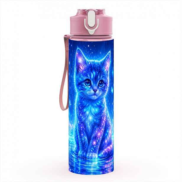 TEMU 1ks 750ml Plastová láhev na vodu s brčkem, design Galaktická modrá kočička, připravená na cvičení, přenosný hrnek pro snadné pití s průhledným