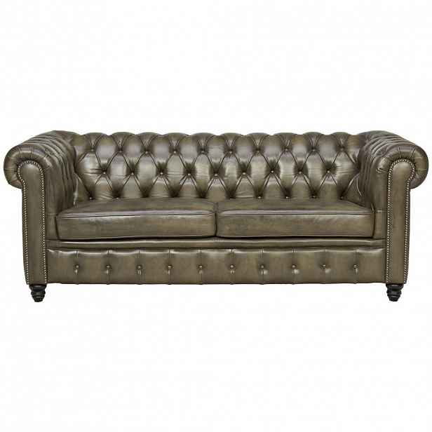 Ambia Home Pohovka Chesterfield, Dřevo, Kůže, Černá, Šedohnědá