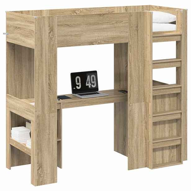 vidaXL Rám patrové postele se stolem s policí Sonoma dub 75 x 190 cm