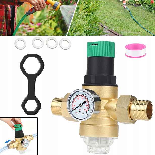 Redukce tlaku vody 3/4" DN20 s manometrem a sítovým filtrem – mosazná