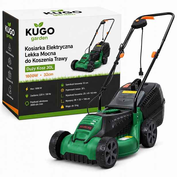 Elektrická sekačka Lehká Silná pro sekání Trávy Velký koš 30L 1600W 32 cm