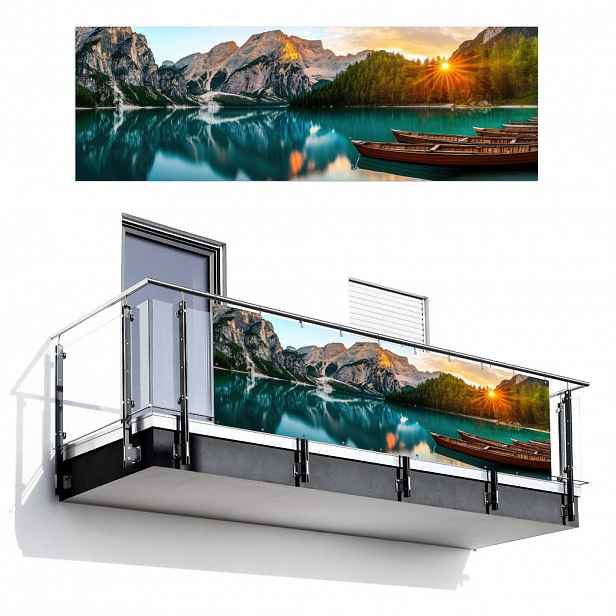 MuchoWow BALKONOVÁ ZÁSTĚNA Jezero - Hory - Západ slunce - Loď 300x100 cm