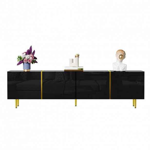 Redom TV stolek 170/35/46 cm s vysokým leskem, 4 dvířky, měkkým dovíráním a úložným prostorem, Černá