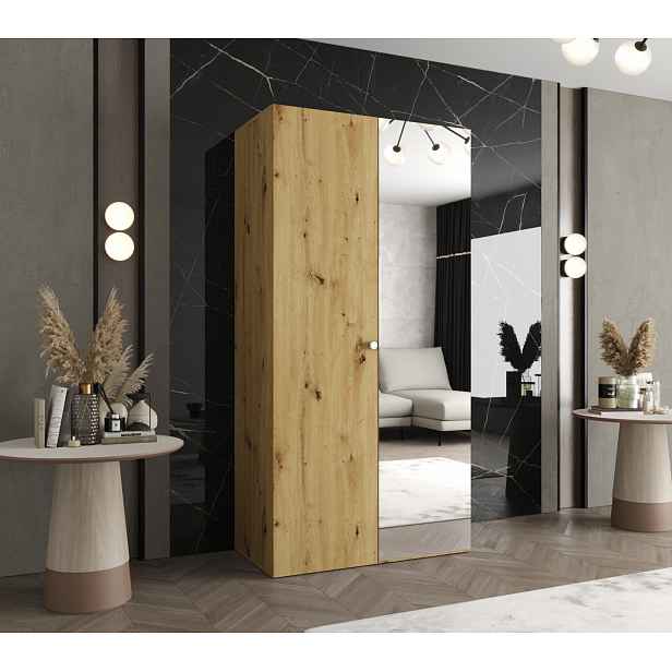 Zrcadlová šatní skříň CAITIR 2 100 cm - dub artisan / stříbrný úchyt