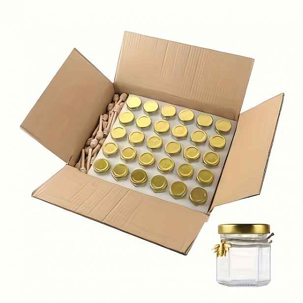 TEMU Sada 60 ks mini dóz na med 45 ml (1,5 oz) s šestihrannými dózy na med, štítky s poděkováním, dřevěným naběračem, včelím přívěskem, jutovým