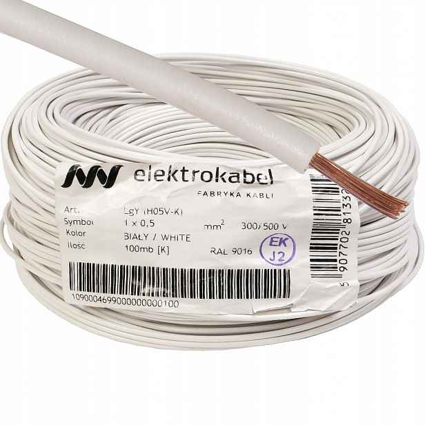 Kabel Lgy 0,5 mm bílý Cu 0,5 měděný 100 m 500 V