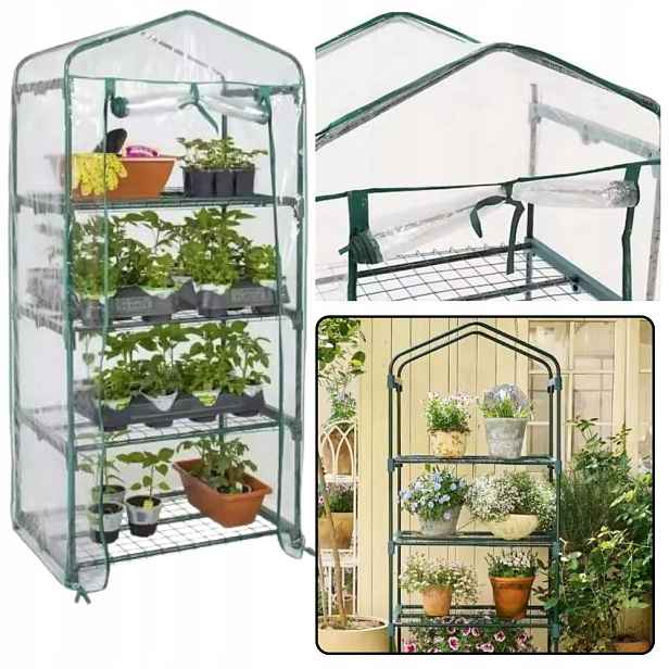 Mini zahradní balkonový skleník 4 police, kovová Fólie Pvc 69 x 49 x 157 cm